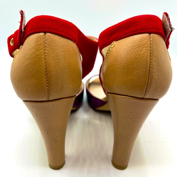 Kate spade open toe tan heels with red suede and purple patent leather size 7M - Picture 4 of 9